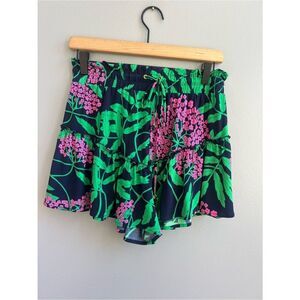 Julie Brown New York Navy Floral Ruffle Shorts with Green Leaves & Pink Blooms M